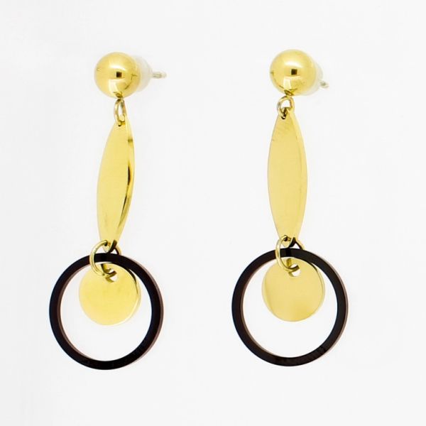 JEWELRY - EARRINGS - SCREW - STAINLESS STEEL - ELLIPSE AND CIRCLES Е813 - 1.2х3.5cm GOLD AND BLACK - 1 pair