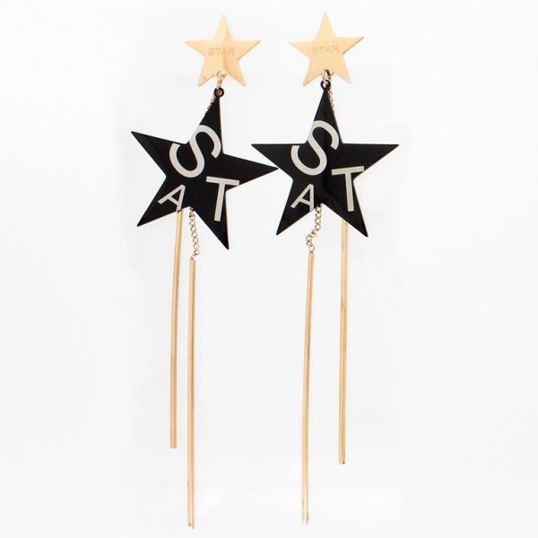 JEWELRY - EARRINGS - SCREW - STAINLESS STEEL - STAR WITH WANDS Е818 - 2.9х10cm ROSE GOLD AND BLACK - PACKAGE 6 pairs