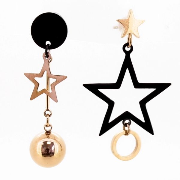 JEWELRY - EARRINGS - SCREW - STAINLESS STEEL - STARS Е669 - 1.8х3.1cm ROSE GOLD AND BLACK - 1 pair