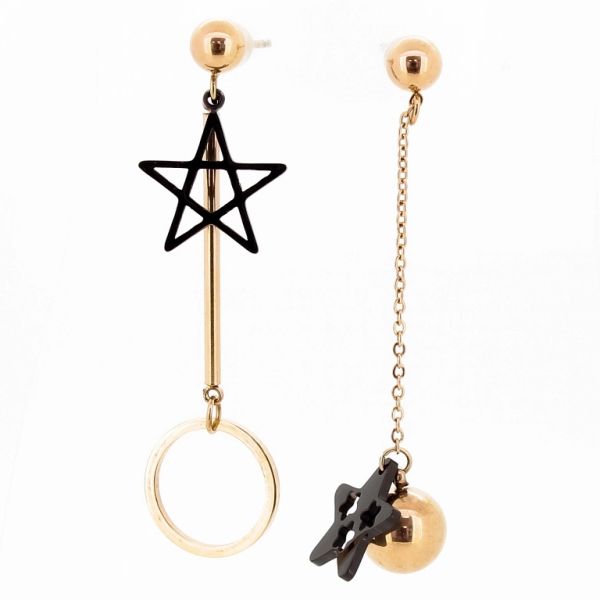 JEWELRY - EARRINGS - SCREW - STAINLESS STEEL - STARS Е676 - 1.2х4.9cm ROSE GOLD AND BLACK - PACKAGE 6 pairs