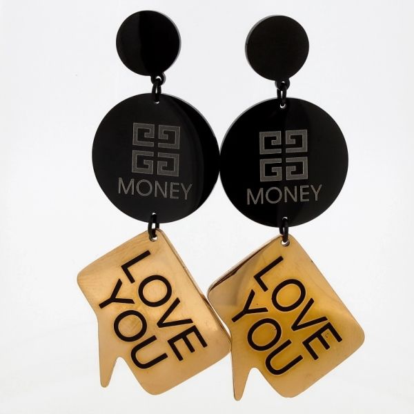 JEWELRY - EARRINGS - SCREW - STAINLESS STEEL - CIRCLE MONEY LOVE YOU Е666 - 2.5х5.5cm ROSE GOLD AND BLACK - 1 pair