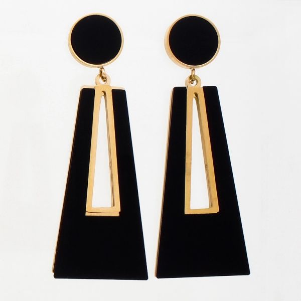 JEWELRY - EARRINGS - SCREW - STAINLESS STEEL - CIRCLE AND TRAPEZOID Е804- 0.9х5.2cm ROSE GOLD-BLACK - 1 pair
