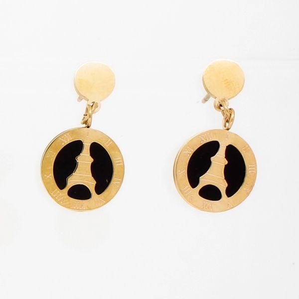 JEWELRY - EARRINGS - SCREW - STAINLESS STEEL - CIRCLE WITH EIFFEL TOWER Е743 - 1.2х2.5cm ROSE GOLD AND BLACK - PACKAGE 6 pairs