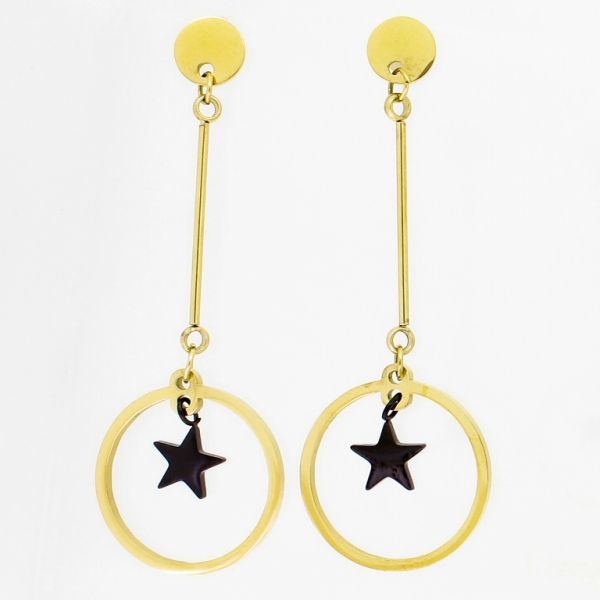 JEWELRY - EARRINGS - SCREW - STAINLESS STEEL - CIRCLE WITH STAR Е810 - 2.0х5.5cm GOLD AND BLACK - PACKAGE 6 pairs