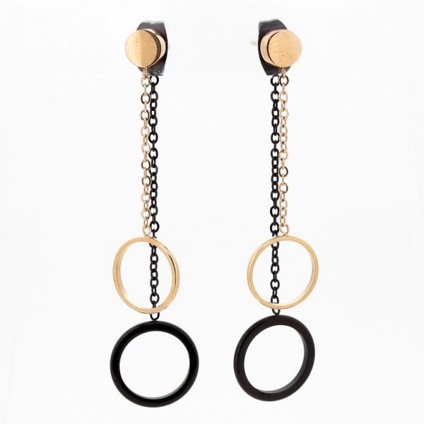 JEWELRY - EARRINGS - SCREW - STAINLESS STEEL - CIRCLES Е811 - 1.1х4.5cm ROSE GOLD AND BLACK - 1 pair