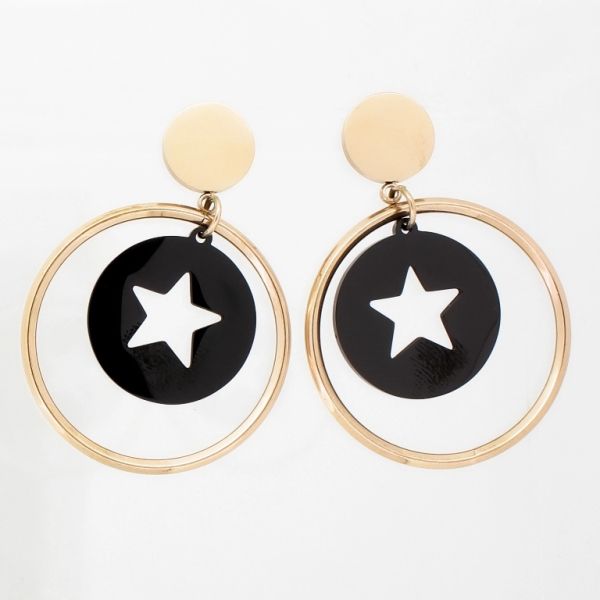 JEWELRY - EARRINGS - SCREW - STAINLESS STEEL - CIRCLES AND STAR Е778 - 3.0х4.2cm ROSE GOLD AND BLACK - 1 pair