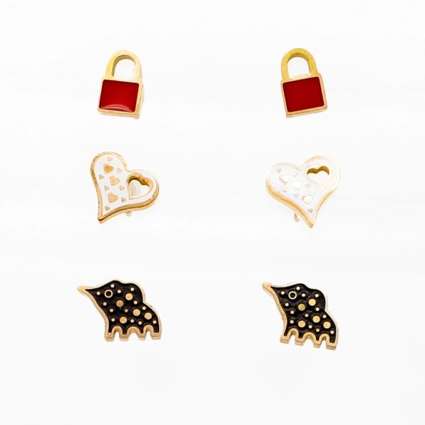 JEWELRY - EARRINGS - SCREW - STAINLESS STEEL - MIX Е727 - 0.8х0.7cm ROSE GOLD-RED-WHITE-BLACK - PACKAGE 6х3 pairs