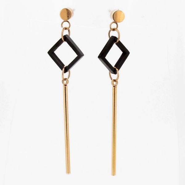 JEWELRY - EARRINGS - SCREW - STAINLESS STEEL - RHOMBUS Е681 - 1.2х5.3cm ROSE GOLD AND BLACK - 1 pair