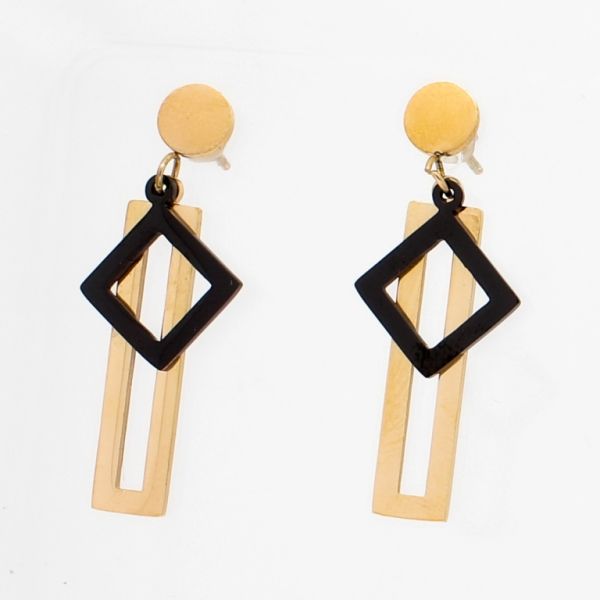 JEWELRY - EARRINGS - SCREW - STAINLESS STEEL - RHOMBUS AND RECTANGLE Е775 - 1.2х3.7cm ROSE GOLD AND BLACK - PACKAGE 6 pairs