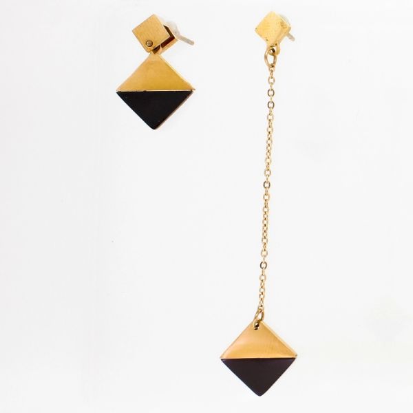 JEWELRY - EARRINGS - SCREW - STAINLESS STEEL - RHOMBS Е774 - 1.3х6.4cm ROSE GOLD AND BLACK - PACKAGE 6 pairs