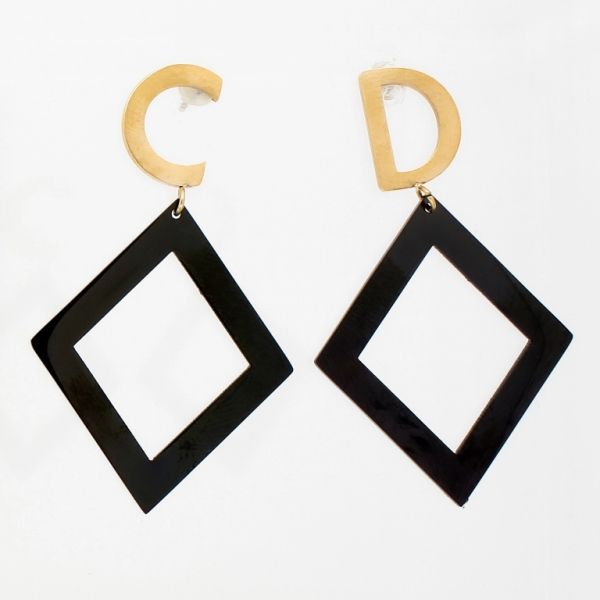 JEWELRY - EARRINGS - SCREW - STAINLESS STEEL - RHOMBS WITH LETTERS CD Е803 - 0.9х4.6cm ROSE GOLD AND BLACK - PACKAGE 6 pairs