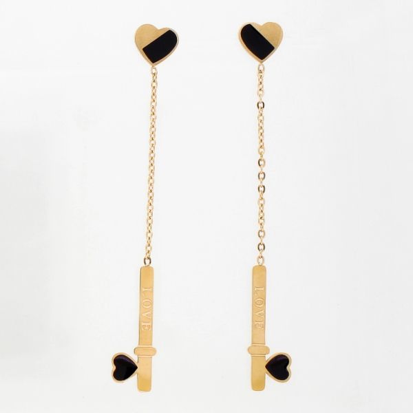 JEWELRY - EARRINGS - SCREW - STAINLESS STEEL - HEART Е777 - 0.8х6.6cm ROSE GOLD AND BLACK - PACKAGE 6 pairs