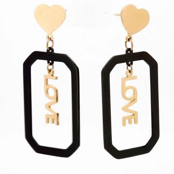 JEWELRY - EARRINGS - SCREW - STAINLESS STEEL - HEART AND LOVE Е678 - 2.0х4.5cm ROSE GOLD AND BLACK - 1 pair