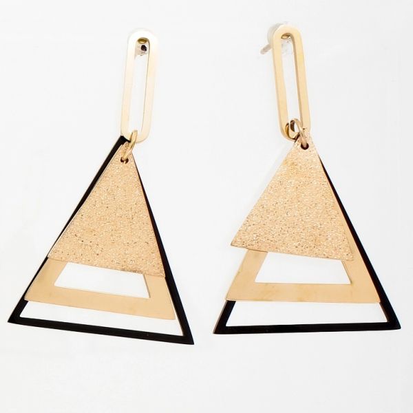JEWELRY - EARRINGS - SCREW - STAINLESS STEEL - TRIANGLES Е741 - 2.5х4.2cm ROSE GOLD AND BLACK - 1 pair