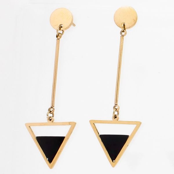 JEWELRY - EARRINGS - SCREW - STAINLESS STEEL - TRIANGLE AND CIRCLE Е734 - 1.5х4.7cm ROSE GOLD AND BLACK - 1 pair