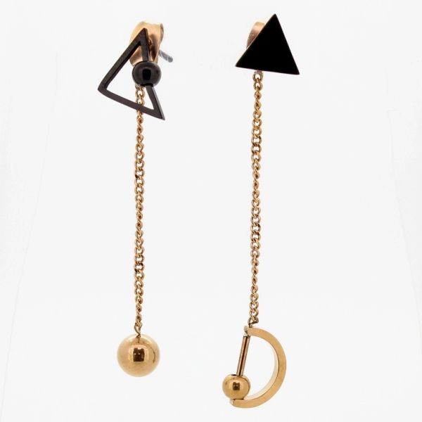 JEWELRY - EARRINGS - SCREW - STAINLESS STEEL - TRIANGLES Е717 - 0.9х5.1cm ROSE GOLD AND BLACK - PACKAGE 6 pairs