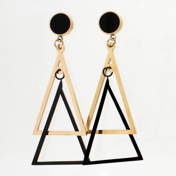 JEWELRY - EARRINGS - SCREW - STAINLESS STEEL - TRIANGLES Е805 - 2.2х5.7cm ROSE GOLD AND BLACK - PACKAGE 6 pairs