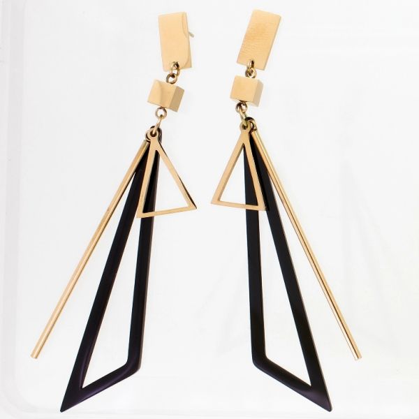 JEWELRY - EARRINGS - SCREW - STAINLESS STEEL - TRIANGLES Е807 - 1.3х8.4cm ROSE GOLD AND BLACK - PACKAGE 6 pairs