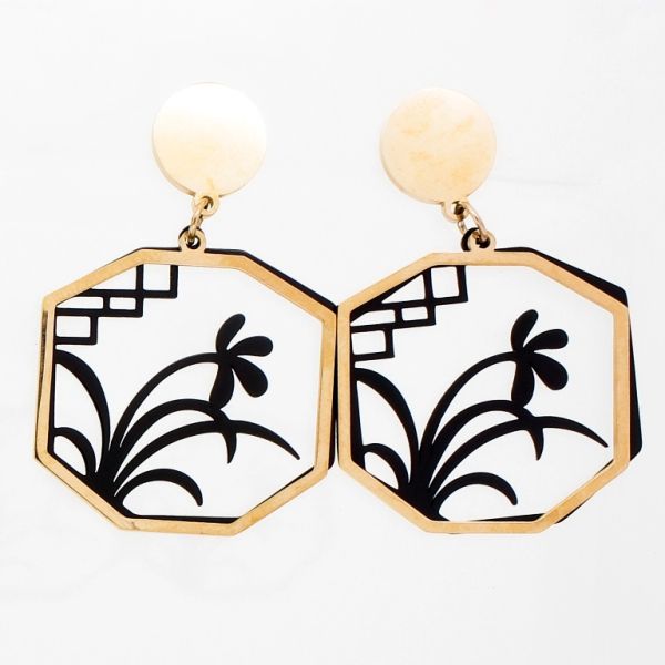 JEWELRY - EARRINGS - SCREW - STAINLESS STEEL - FLOWER Е735 - 2.5х3.9cm ROSE GOLD AND BLACK - PACKAGE 6 pairs
