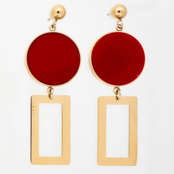JEWELRY - EARRINGS - SCREW - STAINLESS STEEL AND ENAMEL - CIRCLE AND RECTANGLE Е749 - 1.8х5.3cm ROSE GOLD AND RED - PACKAGE 6 pairs