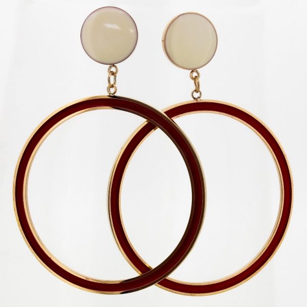 JEWELRY - EARRINGS - SCREW - STAINLESS STEEL AND ENAMEL - CIRCLES Е702 - 4.4х6.2cm ROSE GOLD-ECRU-RED - PACKAGE 6 pairs