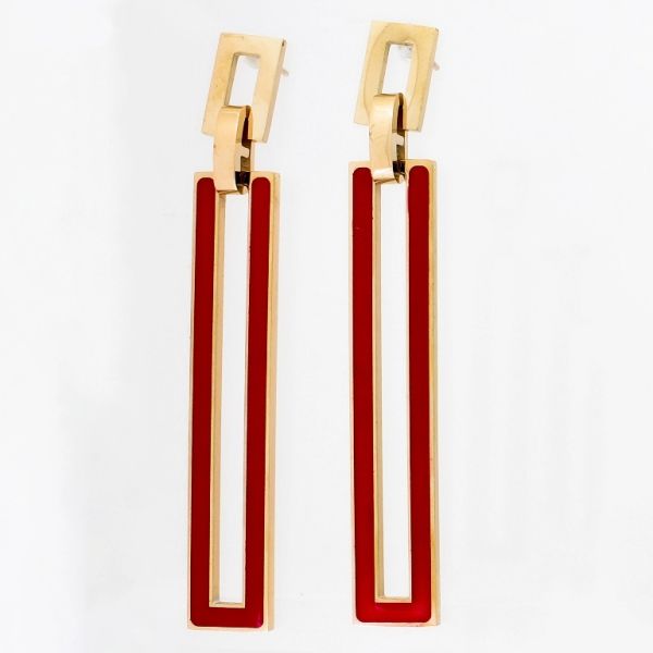 JEWELRY - EARRINGS - SCREW - STAINLESS STEEL AND ENAMEL - RECTANGULARS Е829 - 1.1х7.3cm ROSE GOLD AND RED - 1 pair