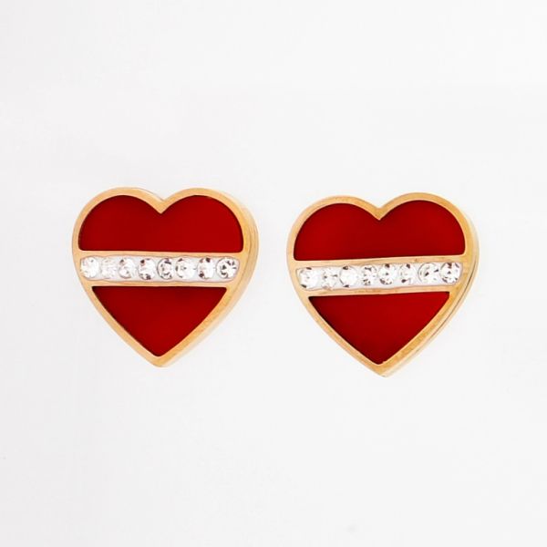 JEWELRY - EARRINGS - SCREW - STAINLESS STEEL AND ENAMEL - HEART Е830 - 1.6х1.5cm ROSE GOLD-RED-WHITE - PACKAGE 6 pairs
