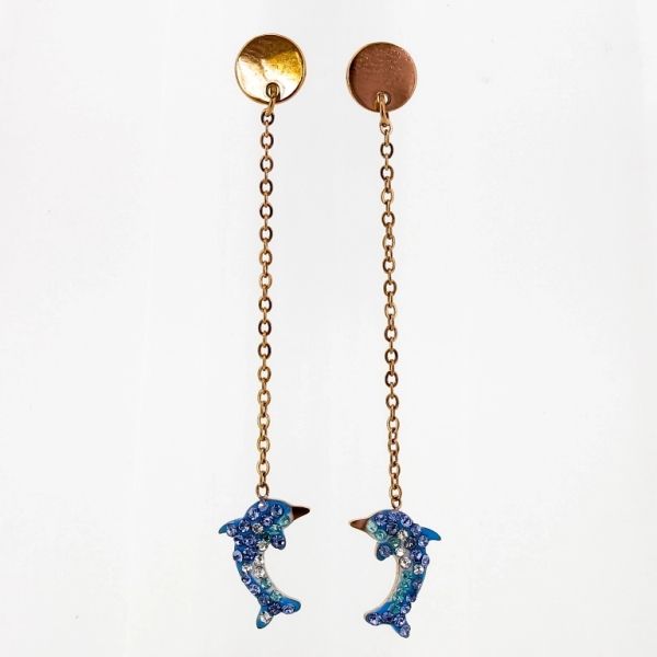 JEWELRY - EARRINGS - SCREW - STAINLESS STEEL AND CRYSTALS - DOLPHIN Е685 - 0.8х5.3cm ROSE GOLD AND BLUE (LIGHT) - 1 pair