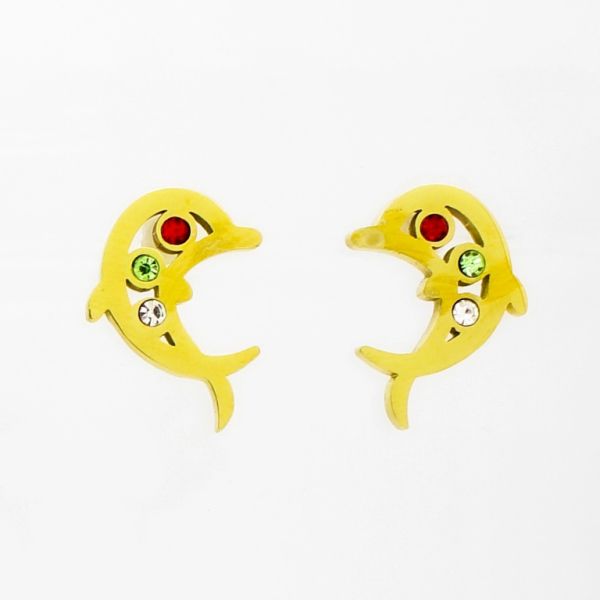 JEWELRY - EARRINGS - SCREW - STAINLESS STEEL AND CRYSTALS - DOLPHIN Е758 - 1.3х1.8cm GOLD-RED-GREEN-WHITE - 1 pair