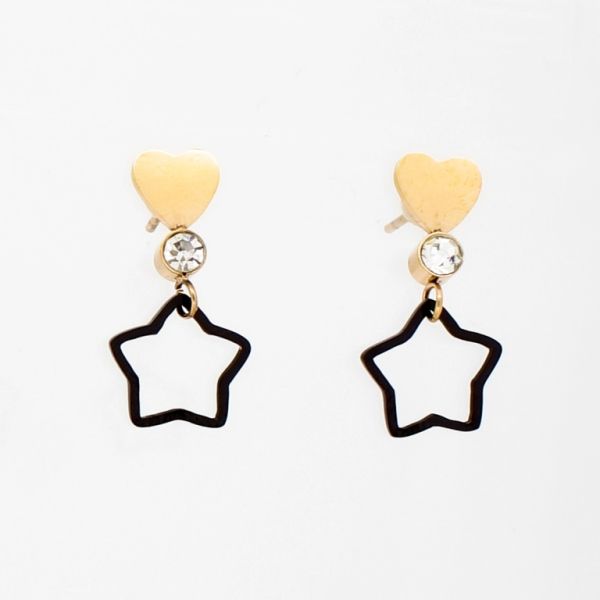 JEWELRY - EARRINGS - SCREW - STAINLESS STEEL AND CRYSTALS - STAR AND HEART Е753 - 1.0х2.2cm ROSE GOLD-BLACK-WHITE - 1 pair