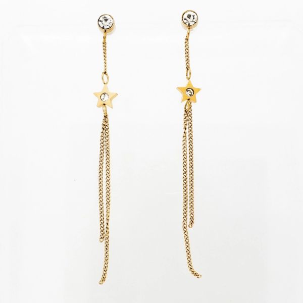 JEWELRY - EARRINGS - SCREW - STAINLESS STEEL AND CRYSTALS - STARS Е821 - 0.6х6.4cm ROSE GOLD AND WHITE - PACKAGE 6 pairs