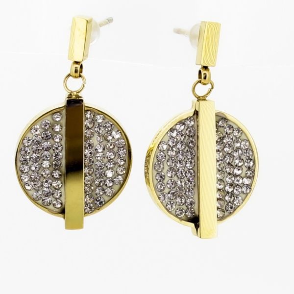 JEWELRY - EARRINGS - SCREW - STAINLESS STEEL AND CRYSTALS - CIRCLE Е683 - 1.5х2.8cm GOLD AND WHITE - 1 pair