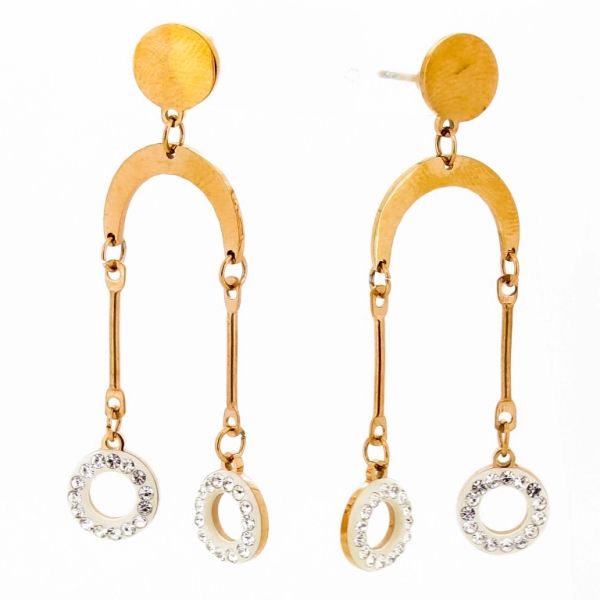 JEWELRY - EARRINGS - SCREW - STAINLESS STEEL AND CRYSTALS - CIRCLES Е684 - 1.5х4.9cm ROSE GOLD AND WHITE - PACKAGE 6 pairs