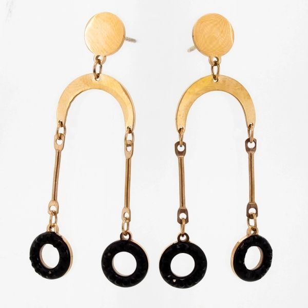 JEWELRY - EARRINGS - SCREW - STAINLESS STEEL AND CRYSTALS - CIRCLES Е684 - 1.5х4.9cm ROSE GOLD AND BLACK - PACKAGE 6 pairs