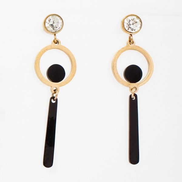 JEWELRY - EARRINGS - SCREW - STAINLESS STEEL AND CRYSTALS - CIRCLES WITH WAND Е757 - 1.0х3.9cm ROSE GOLD-BLACK-WHITE - 1 pair