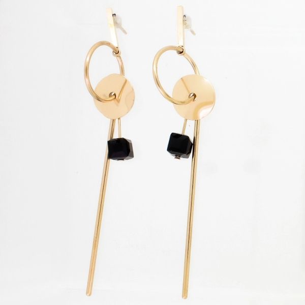 JEWELRY - EARRINGS - SCREW - STAINLESS STEEL AND CRYSTALS - CIRCLES WITH WAND Е760 - 1.2х8.2cm ROSE GOLD AND BLACK - PACKAGE 6 pairs