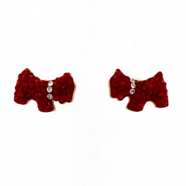 JEWELRY - EARRINGS - SCREW - STAINLESS STEEL AND CRYSTALS - TERRIER DOG Е687 - 1.2х0.7cm ROSE GOLD AND RED - PACKAGE 6 pairs