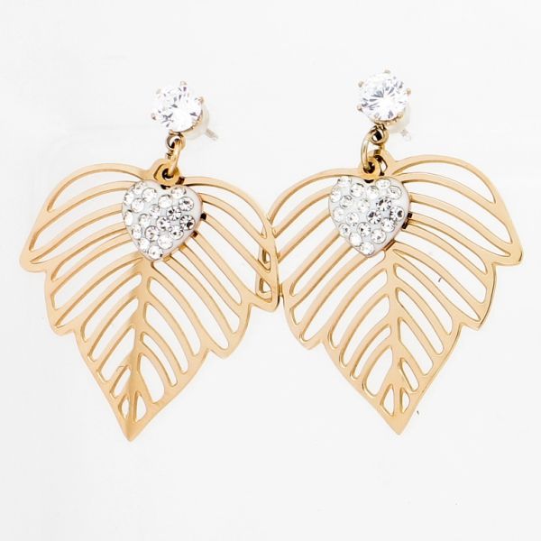 JEWELRY - EARRINGS - SCREW - STAINLESS STEEL AND CRYSTALS - LEAF WITH HEART Е750 - 2.5х3.3cm ROSE GOLD AND WHITE - 1 pair
