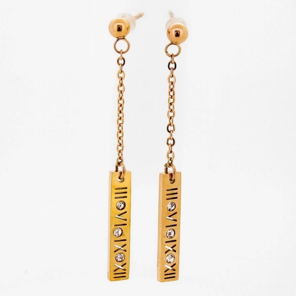 JEWELRY - EARRINGS - SCREW - STAINLESS STEEL AND CRYSTALS - NUMBER PLATE Е686 - 0.4х4.7cm ROSE GOLD AND WHITE - 1 pair