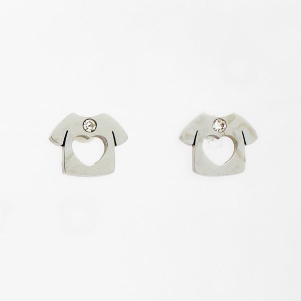 JEWELRY - EARRINGS - SCREW - STAINLESS STEEL AND CRYSTALS - T-SHIRT WITH HEART Е789 - 1.1х1.0cm NICKEL AND WHITE - PACKAGE 6 pairs