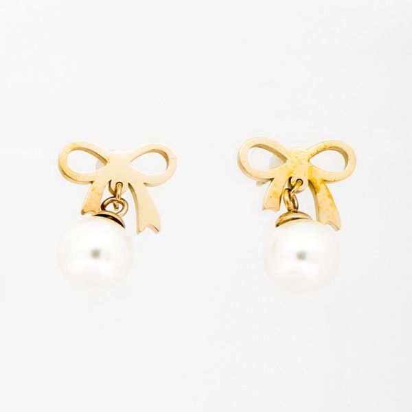 JEWELRY - EARRINGS - SCREW - STAINLESS STEEL AND PEARLS - RIBBON WITH PEARL Е793 - 1.3х1.9cm ROSE GOLD AND WHITE - 1 pair