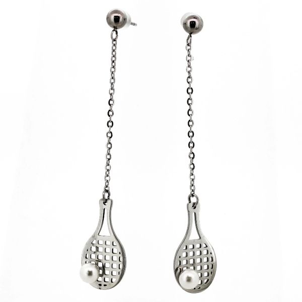 JEWELRY - EARRINGS - SCREW - STAINLESS STEEL AND PEARLS - TENNIS RACKET Е719 - 1.1х6.7cm NICKEL AND WHITE - 1 pair