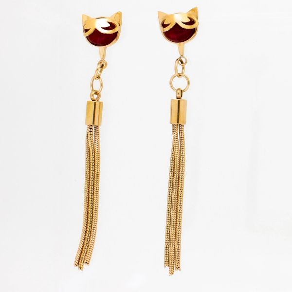 JEWELRY - EARRINGS - SCREW - STAINLESS STEEL AND RESIN - CAT WITH GLASSES Е763 - 1.0х6.5cm ROSE GOLD AND RED - 1 pair