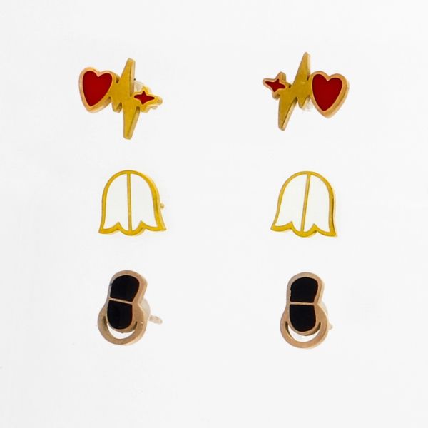 JEWELRY - EARRINGS - SCREW - STAINLESS STEEL AND RESIN - MIX Е764 - 0.9х0.8cm ROSE GOLD-WHITE-RED-BLACK - 3 pairs