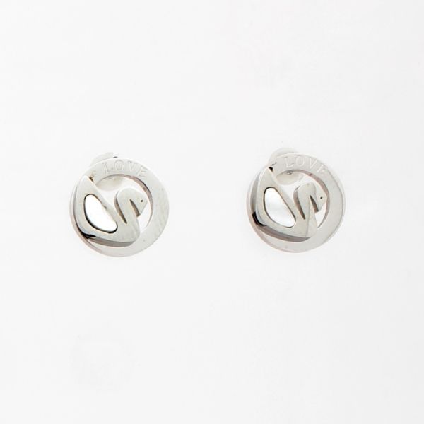 JEWELRY - EARRINGS - SCREW - STAINLESS STEEL AND MOTHER OF PEARL - CIRCLE WITH SWAN LOVE Е794 - 1.0cm NICKEL AND WHITE - 1 pair