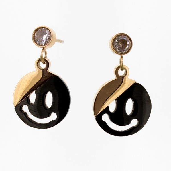 JEWELRY - EARRINGS - SCREW - STAINLESS STEEL AND ZIRCON - EMOJI Е690 - 1.3х2.4cm ROSE GOLD AND BLACK - PACKAGE 6 pairs