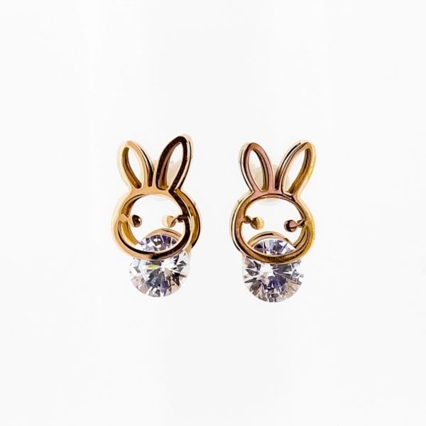 JEWELRY - EARRINGS - SCREW - STAINLESS STEEL AND ZIRCON - RABBIT Е692 - 0.7х1.5cm ROSE GOLD AND WHITE - PACKAGE 6 pairs