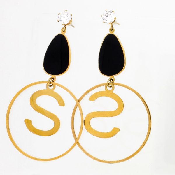 JEWELRY - EARRINGS - SCREW - STAINLESS STEEL AND ZIRCON - DROP AND CIRCLE WITH LETTER S Е751 - 3.5х6.7cm ROSE GOLD-BLACK-WHITE - 1 pair