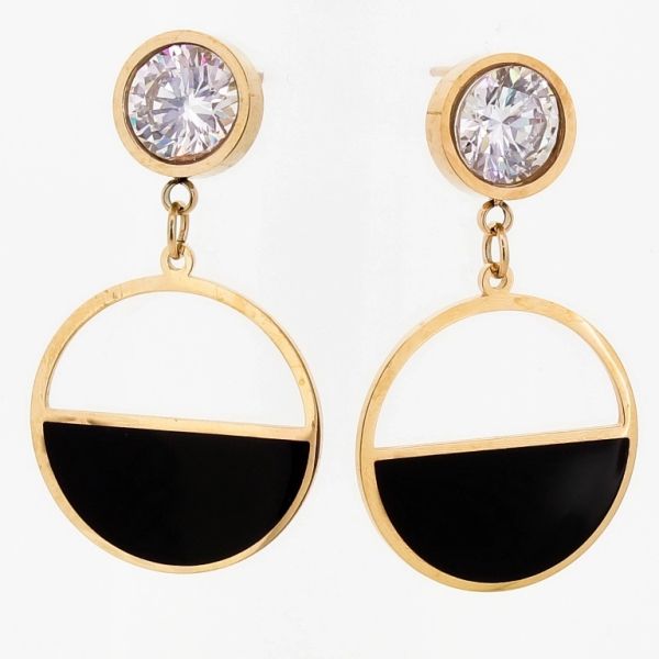 JEWELRY - EARRINGS - SCREW - STAINLESS STEEL AND ZIRCON - CIRCLE Е689 - 2.0х3.5cm ROSE GOLD AND BLACK - PACKAGE 6 pairs