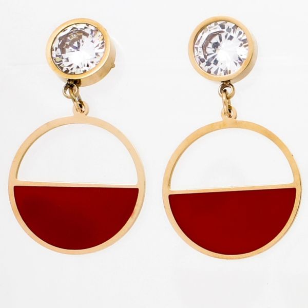 JEWELRY - EARRINGS - SCREW - STAINLESS STEEL AND ZIRCON - CIRCLE Е721 - 2.0х3.5cm ROSE GOLD-RED-WHITE - 1 pair